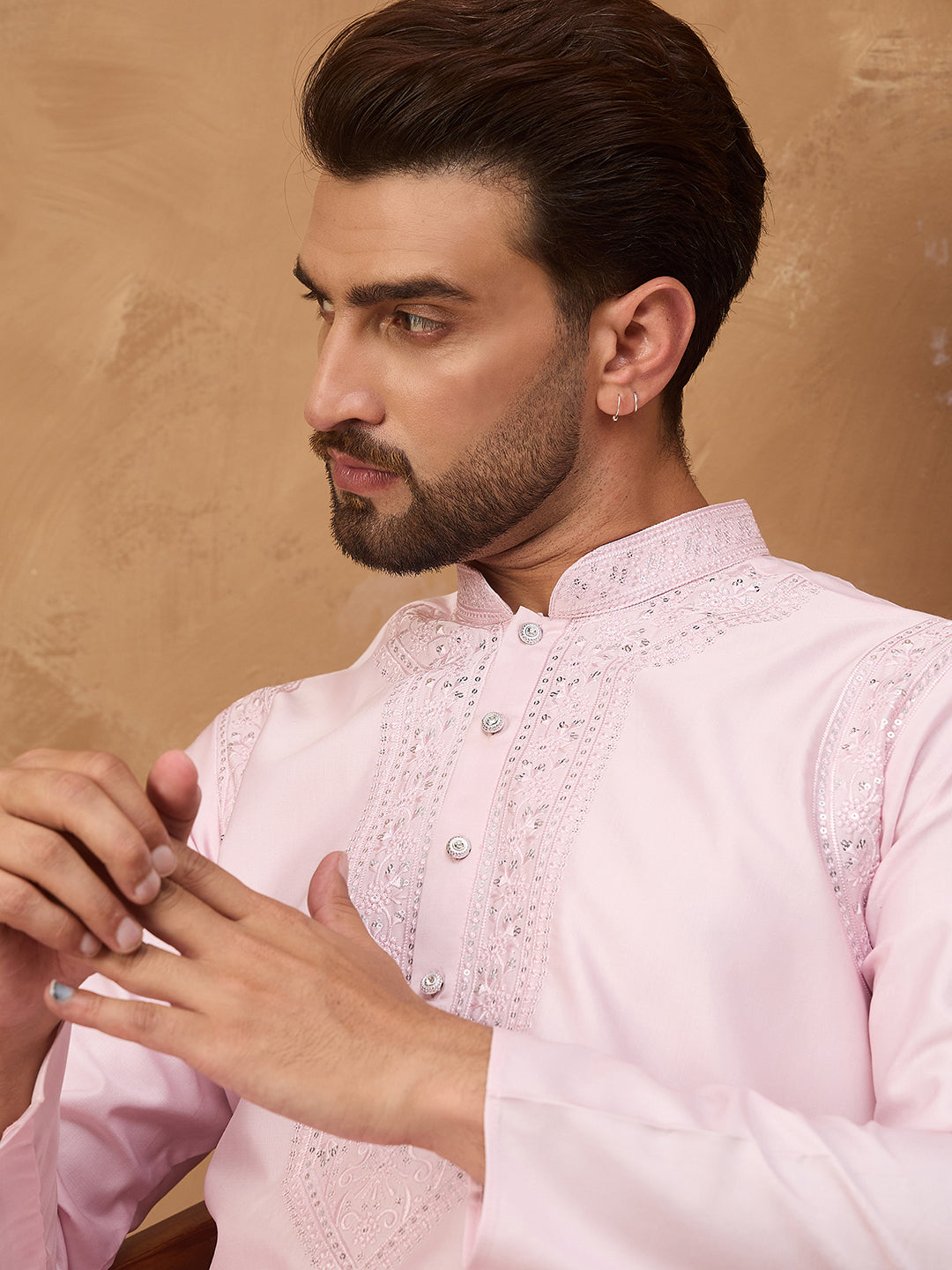 Ethnic Bay Men Pink Silk Blend Solid Embroidered Straight Kurta-MKU1512