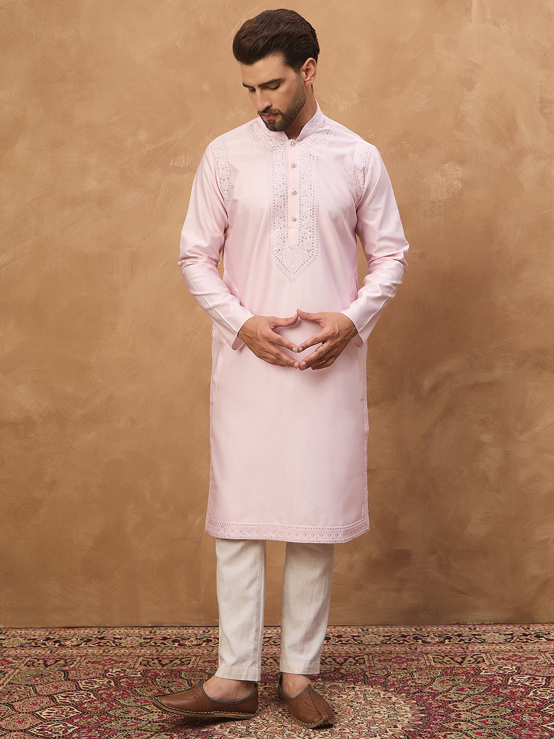 Ethnic Bay Men Pink Silk Blend Solid Embroidered Straight Kurta-MKU1512