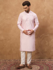 Ethnic Bay Men Pink Silk Blend Solid Embroidered Straight Kurta-MKU1512