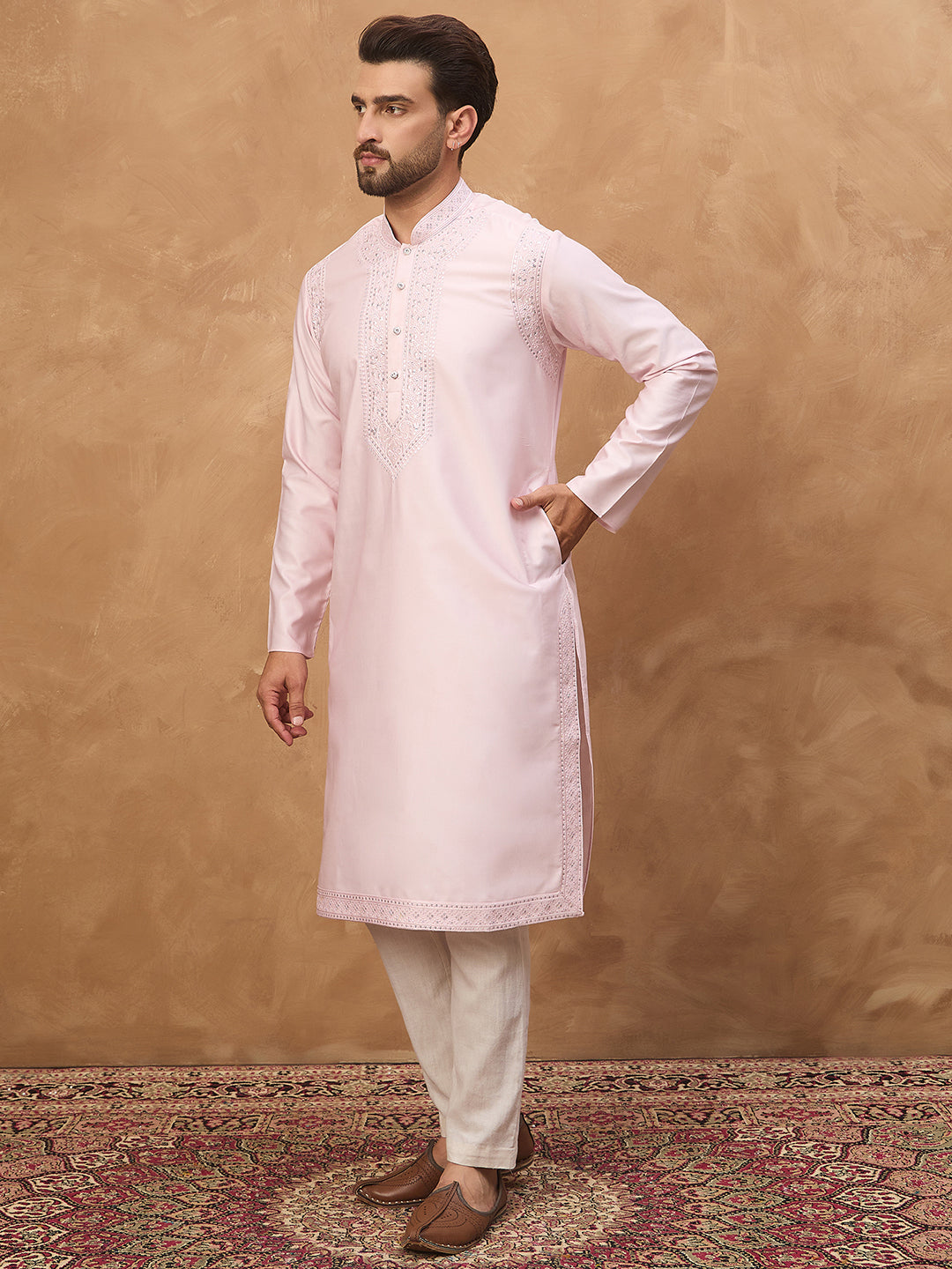 Ethnic Bay Men Pink Silk Blend Solid Embroidered Straight Kurta-MKU1512
