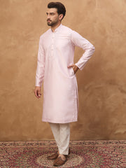 Ethnic Bay Men Pink Silk Blend Solid Embroidered Straight Kurta-MKU1512