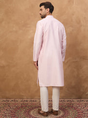 Ethnic Bay Men Pink Silk Blend Solid Embroidered Straight Kurta-MKU1512