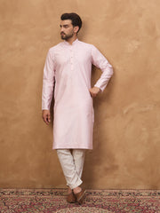 Ethnic Bay Men Pink Silk Blend Solid Embroidered Straight Kurta-MKU1512