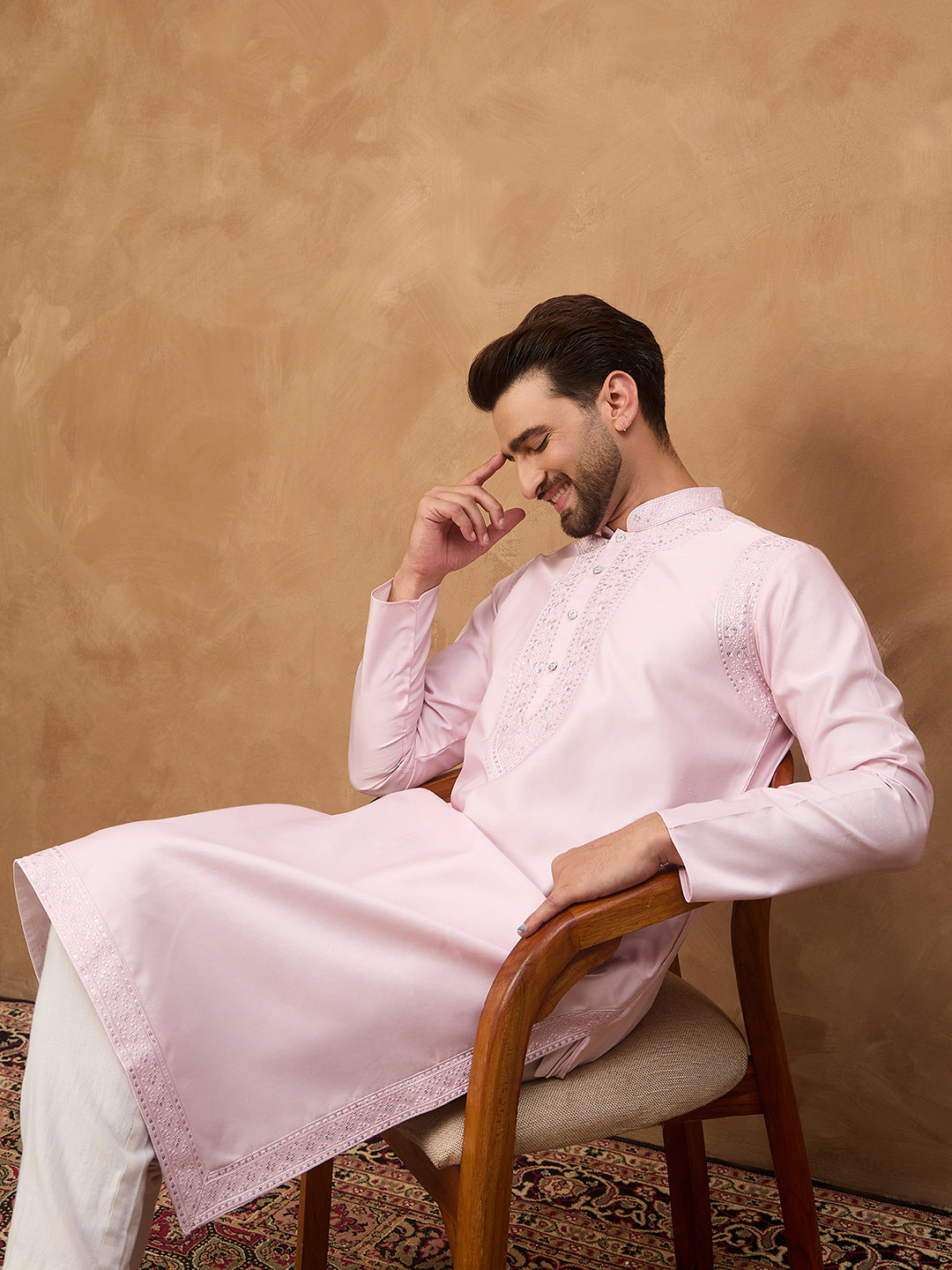 Ethnic Bay Men Pink Silk Blend Solid Embroidered Straight Kurta-MKU1512