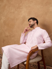 Ethnic Bay Men Pink Silk Blend Solid Embroidered Straight Kurta-MKU1512