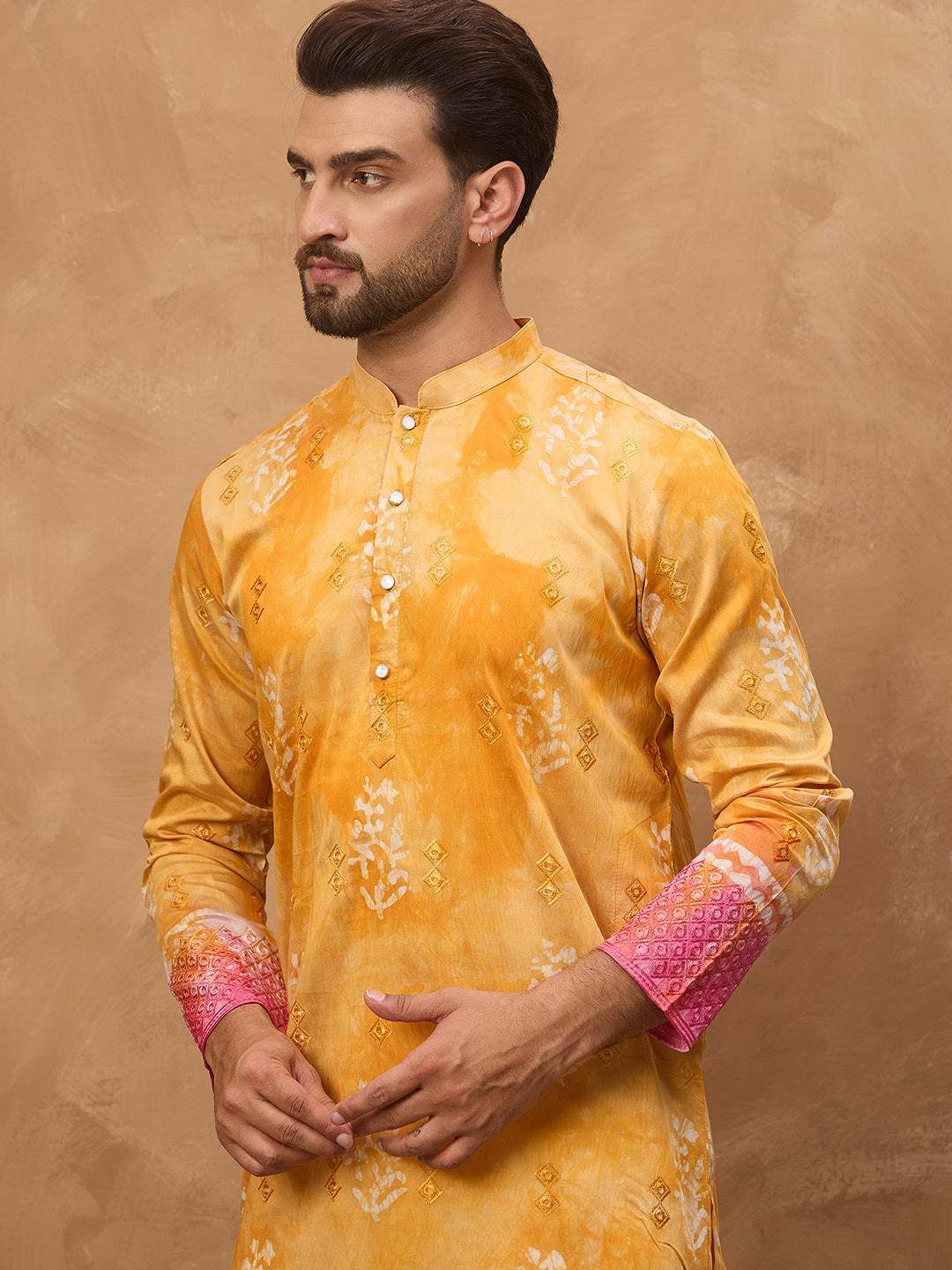 Ethnic Bay Men Yellow Silk Blend Batik Embroidered Straight Kurta-MKU1513