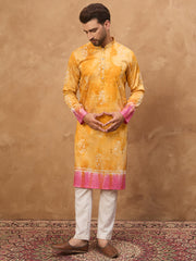 Ethnic Bay Men Yellow Silk Blend Batik Embroidered Straight Kurta-MKU1513