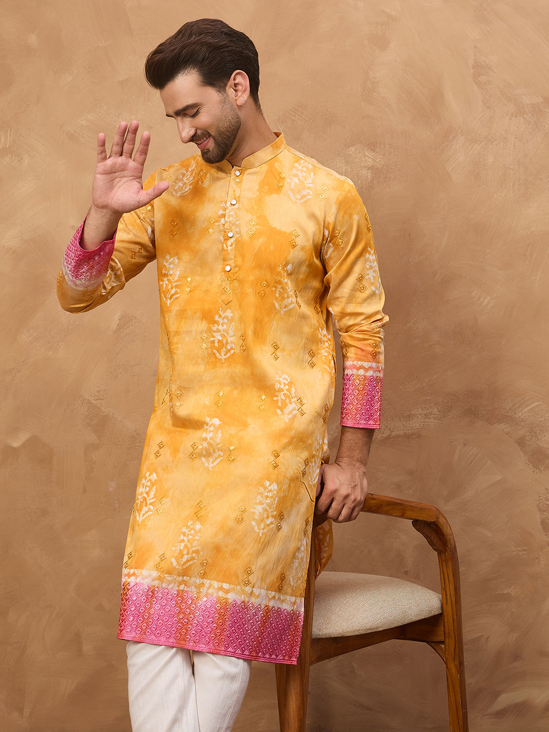 Ethnic Bay Men Yellow Silk Blend Batik Embroidered Straight Kurta-MKU1513