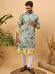 Ethnic Bay Men Green Silk Blend Batik Embroidered Straight Kurta-MKU1514