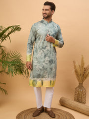 Ethnic Bay Men Green Silk Blend Batik Embroidered Straight Kurta-MKU1514
