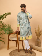Ethnic Bay Men Green Silk Blend Batik Embroidered Straight Kurta-MKU1514
