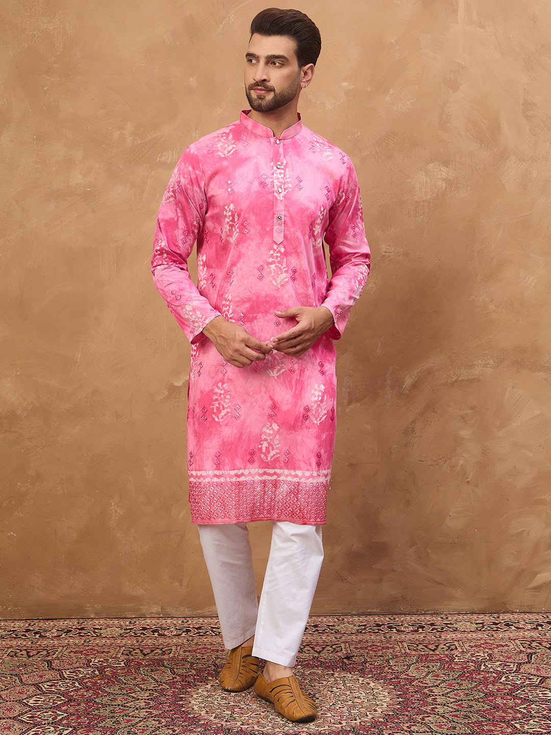 Ethnic Bay Men Pink Silk Blend Batik Embroidered Straight Kurta-MKU1515