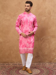 Ethnic Bay Men Pink Silk Blend Batik Embroidered Straight Kurta-MKU1515