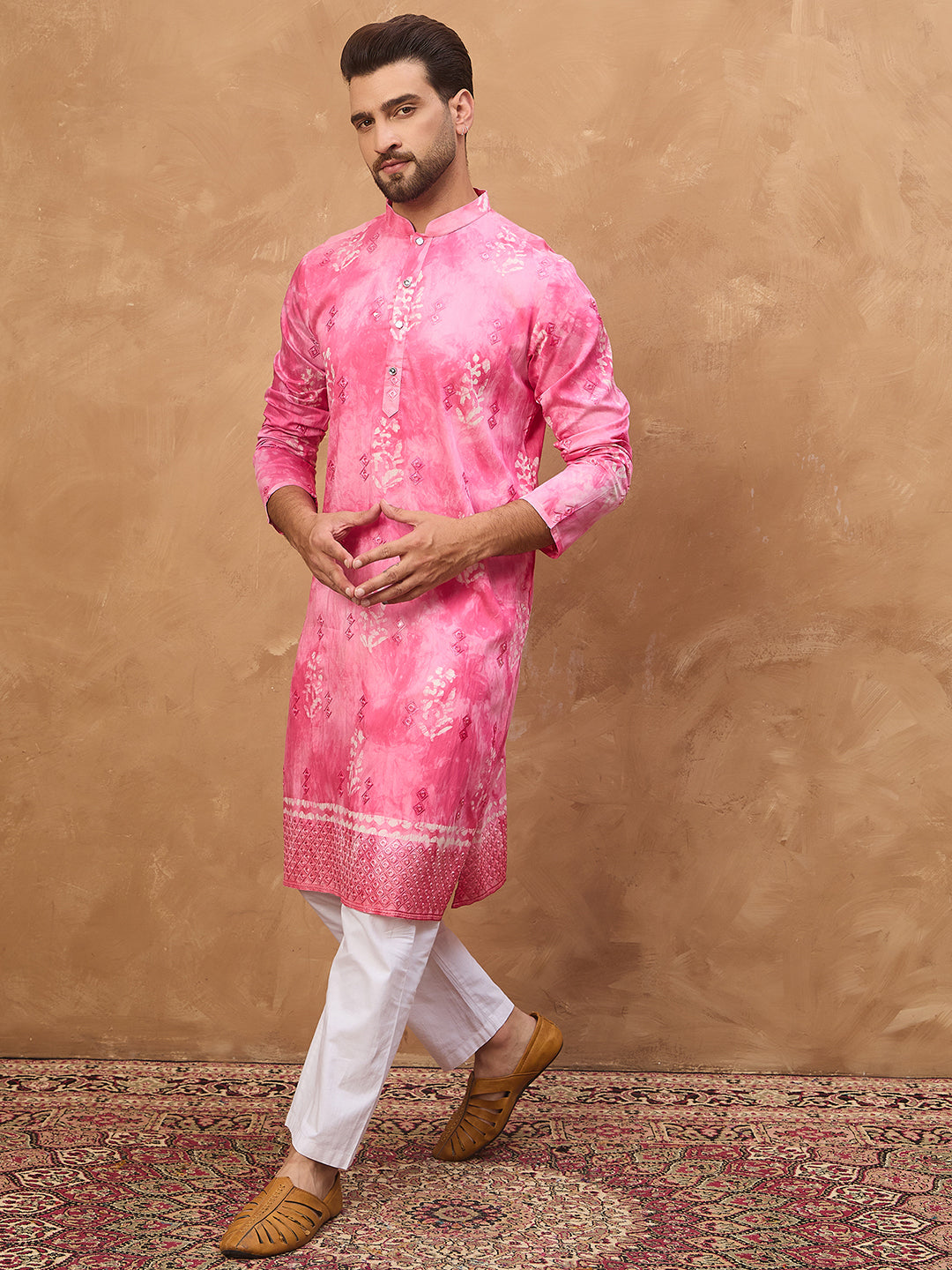 Ethnic Bay Men Pink Silk Blend Batik Embroidered Straight Kurta-MKU1515
