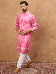 Ethnic Bay Men Pink Silk Blend Batik Embroidered Straight Kurta-MKU1515