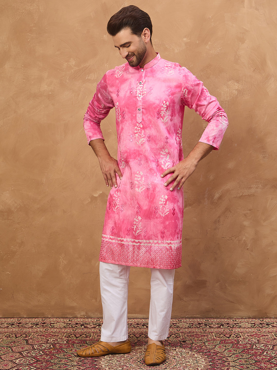 Ethnic Bay Men Pink Silk Blend Batik Embroidered Straight Kurta-MKU1515