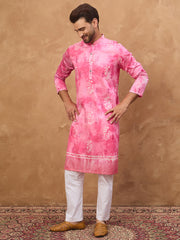 Ethnic Bay Men Pink Silk Blend Batik Embroidered Straight Kurta-MKU1515
