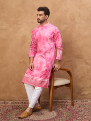 Ethnic Bay Men Pink Silk Blend Batik Embroidered Straight Kurta-MKU1515