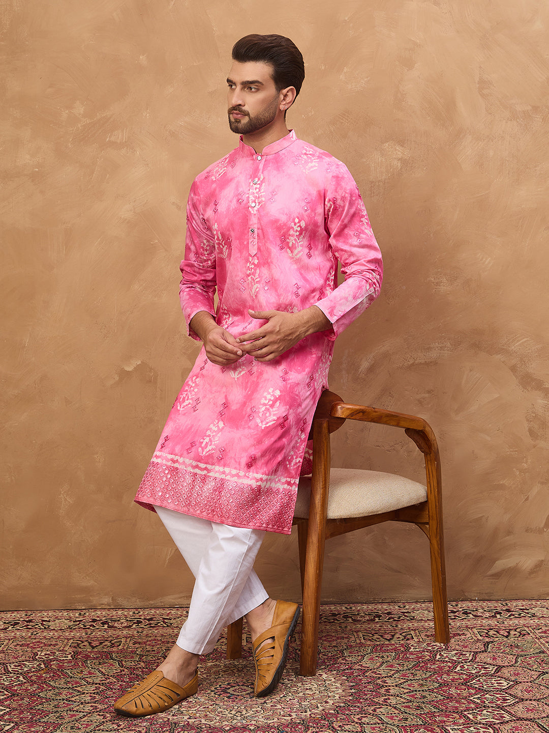 Ethnic Bay Men Pink Silk Blend Batik Embroidered Straight Kurta-MKU1515