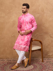 Ethnic Bay Men Pink Silk Blend Batik Embroidered Straight Kurta-MKU1515