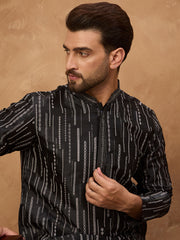 Ethnic Bay Men Black Silk Blend Geometric Printed Straight Kurta-MKU1516
