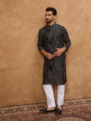 Ethnic Bay Men Black Silk Blend Geometric Printed Straight Kurta-MKU1516