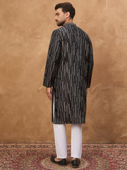 Ethnic Bay Men Black Silk Blend Geometric Printed Straight Kurta-MKU1516
