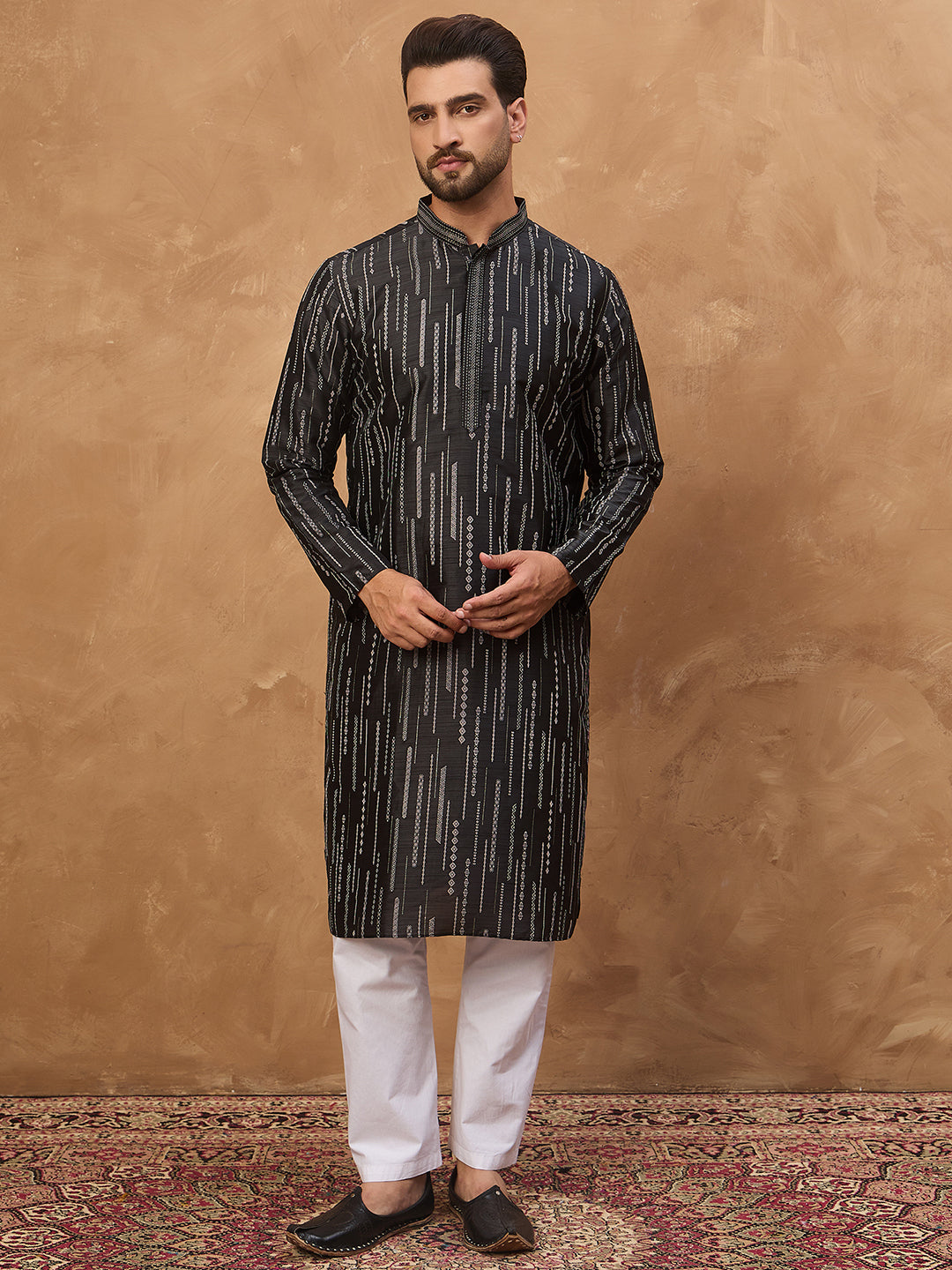 Ethnic Bay Men Black Silk Blend Geometric Printed Straight Kurta-MKU1516