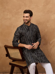 Ethnic Bay Men Black Silk Blend Geometric Printed Straight Kurta-MKU1516