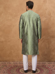 Ethnic Bay Men Green Silk Blend Geometric Embroidered Straight Kurta-MKU1517