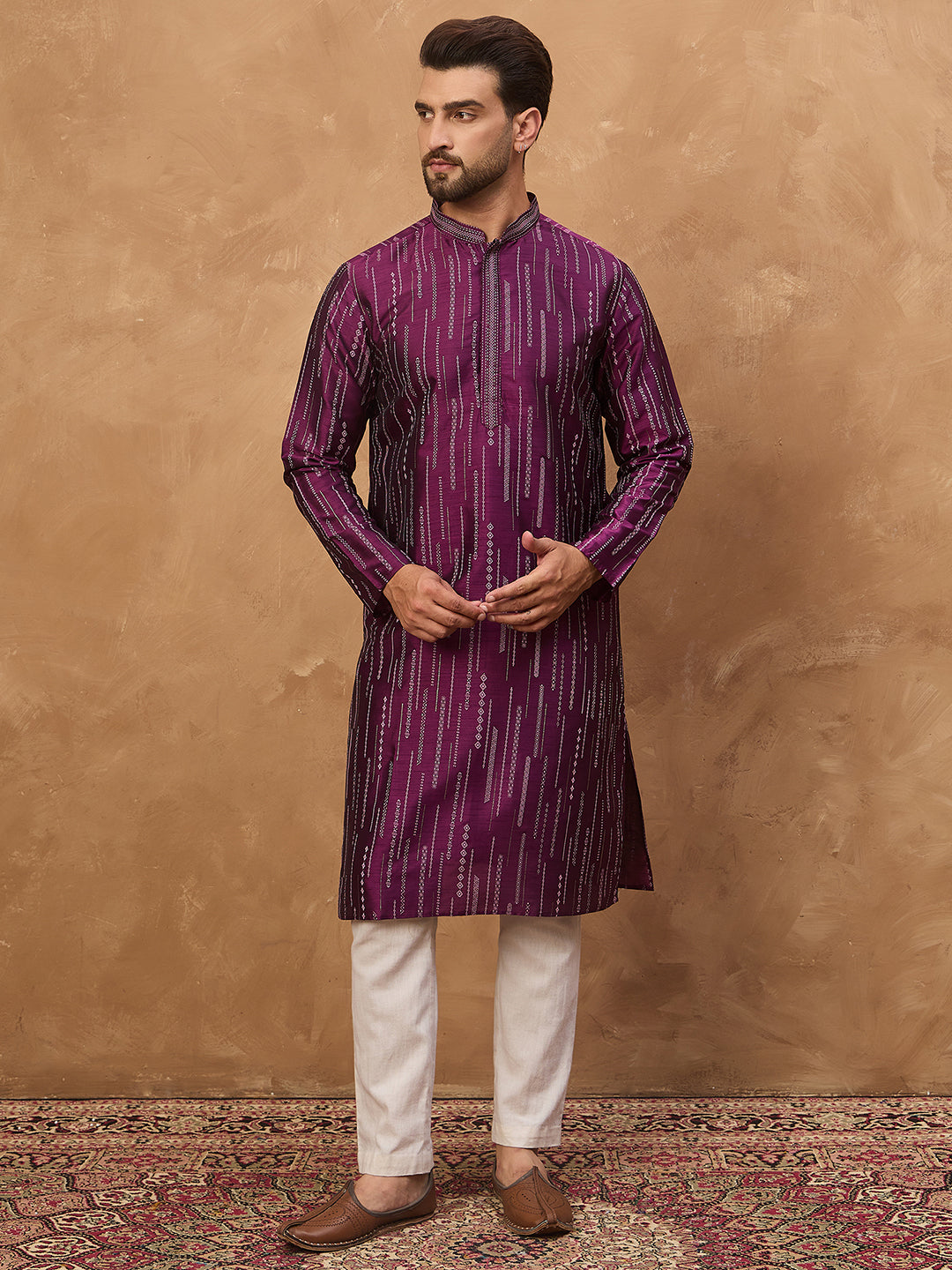 Ethnic Bay Men Purple Silk Blend Geometric Printed Straight Kurta-MKU1518