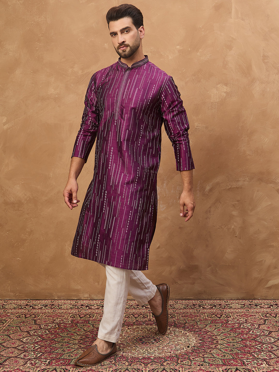 Ethnic Bay Men Purple Silk Blend Geometric Printed Straight Kurta-MKU1518