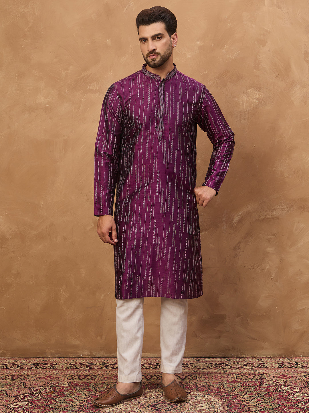 Ethnic Bay Men Purple Silk Blend Geometric Printed Straight Kurta-MKU1518