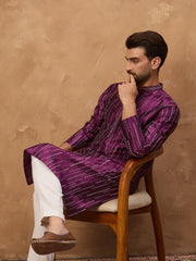 Ethnic Bay Men Purple Silk Blend Geometric Printed Straight Kurta-MKU1518