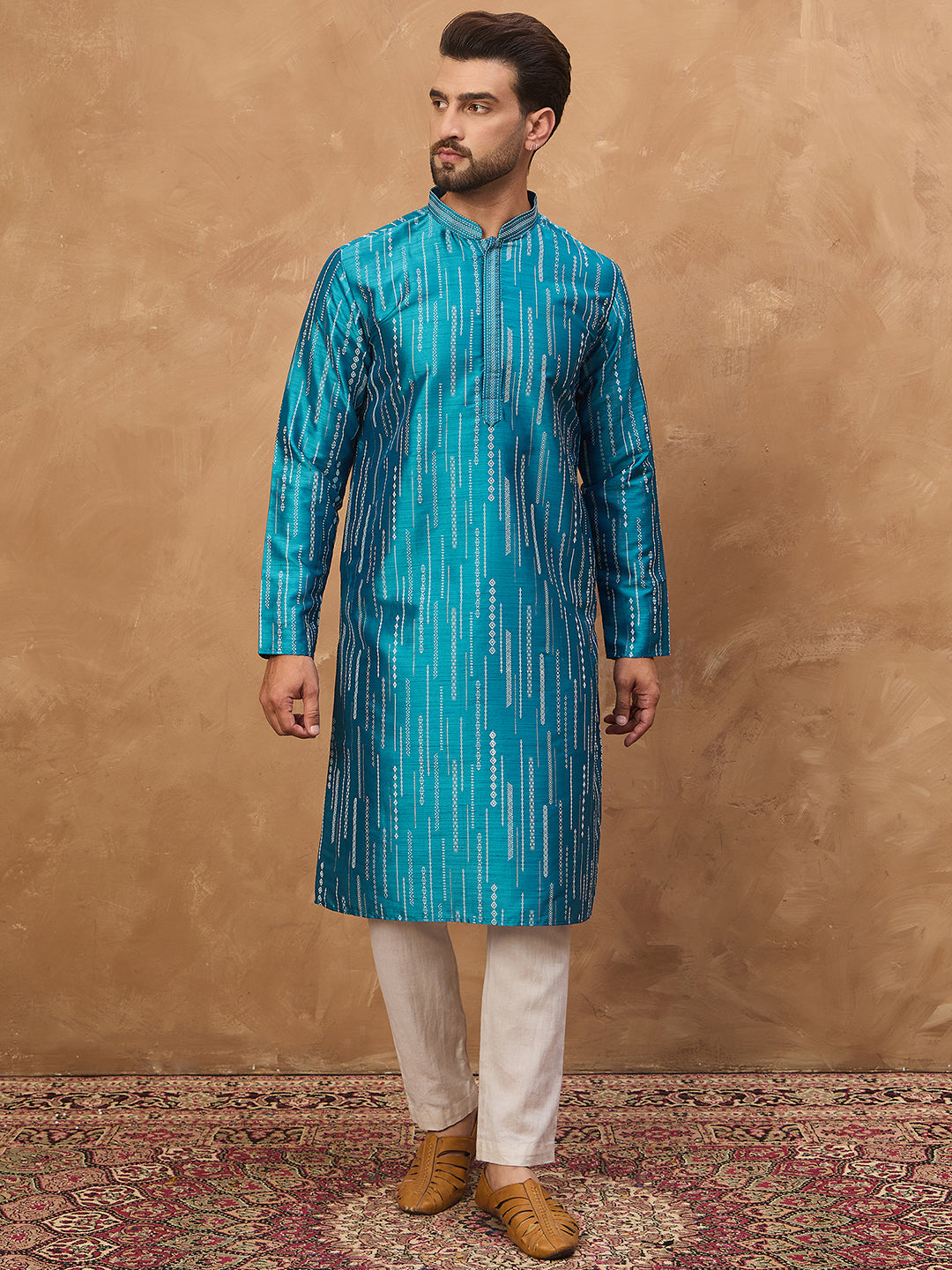 Ethnic Bay Men Blue Silk Blend Geometric Printed Straight Kurta-MKU1519