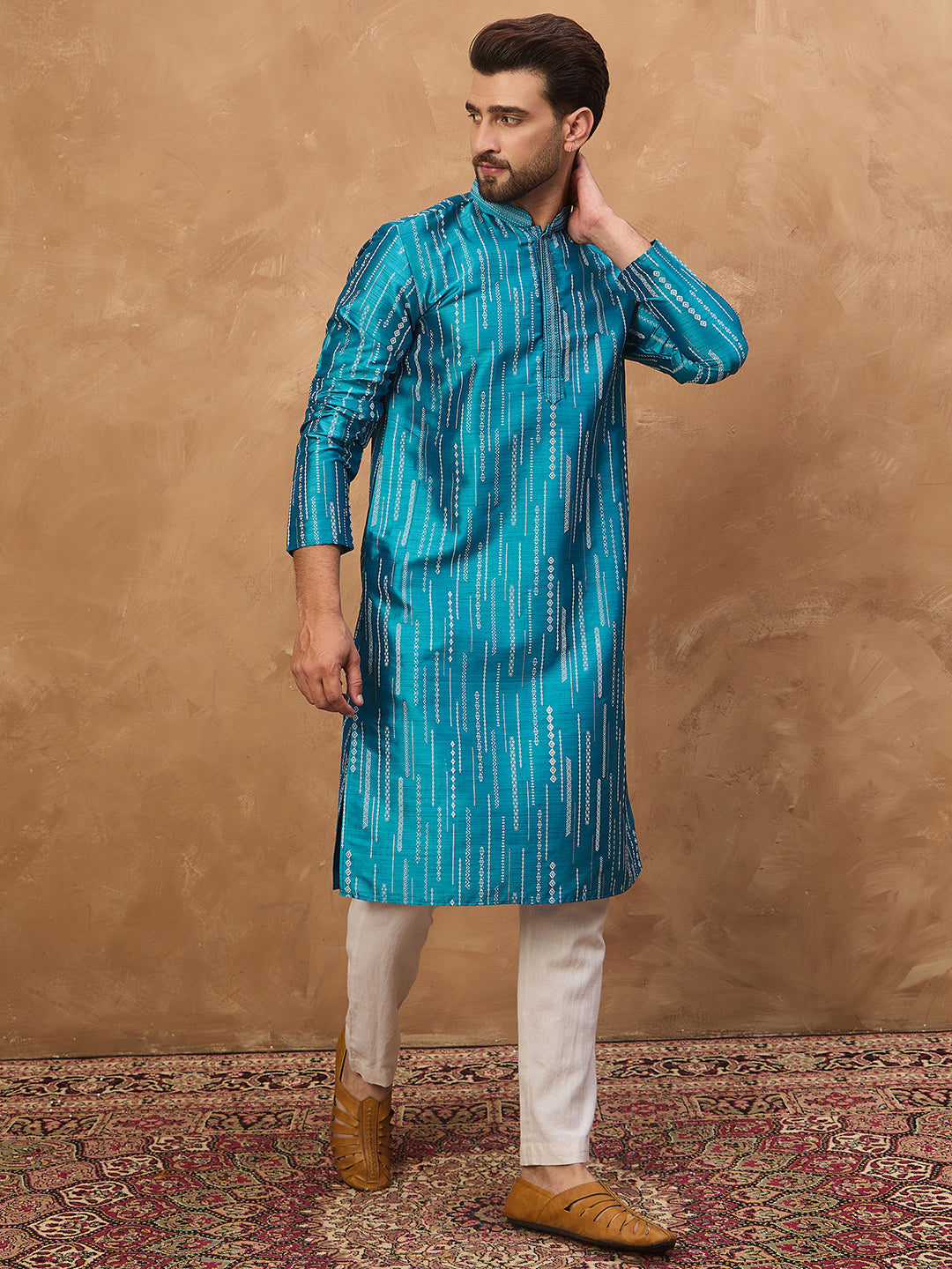 Ethnic Bay Men Blue Silk Blend Geometric Printed Straight Kurta-MKU1519