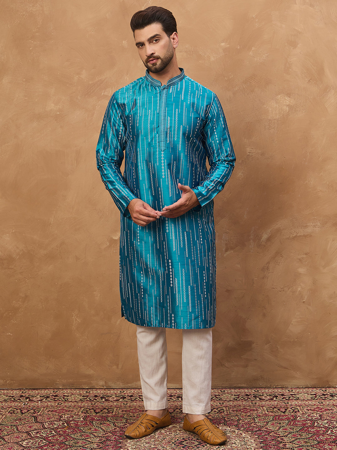 Ethnic Bay Men Blue Silk Blend Geometric Printed Straight Kurta-MKU1519