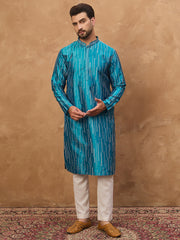 Ethnic Bay Men Blue Silk Blend Geometric Printed Straight Kurta-MKU1519