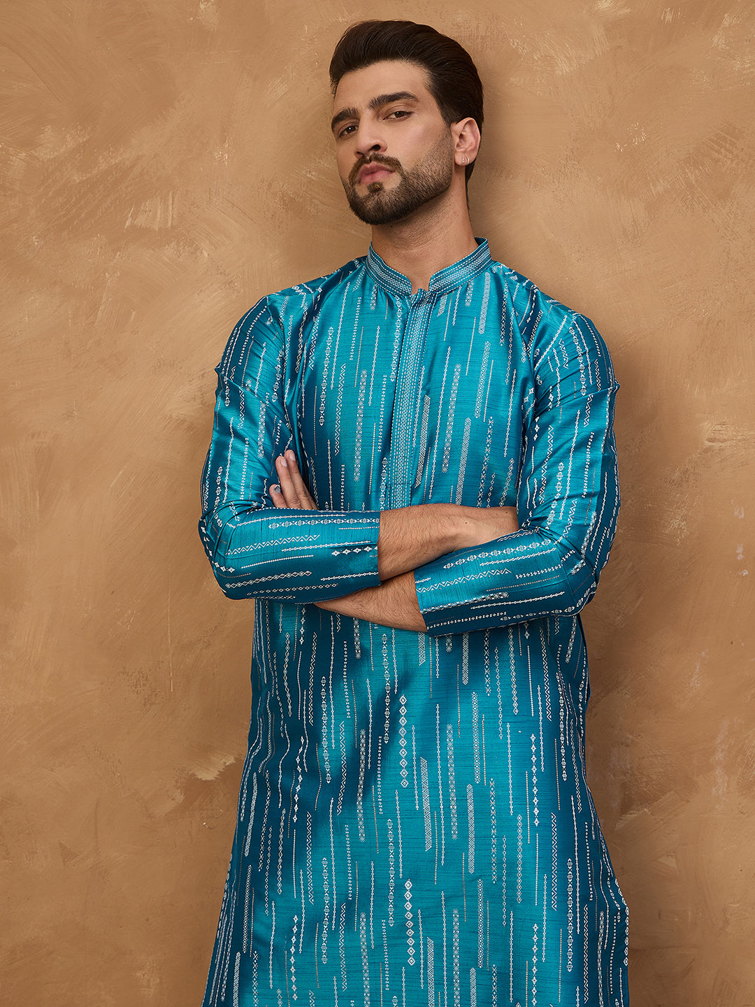 Ethnic Bay Men Blue Silk Blend Geometric Printed Straight Kurta-MKU1519