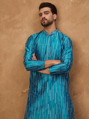 Ethnic Bay Men Blue Silk Blend Geometric Printed Straight Kurta-MKU1519