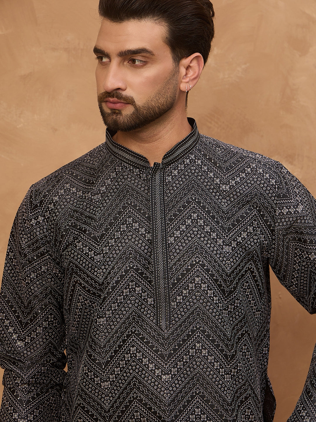 Ethnic Bay Men Black Silk Blend Geometric Printed Straight Kurta-MKU1520
