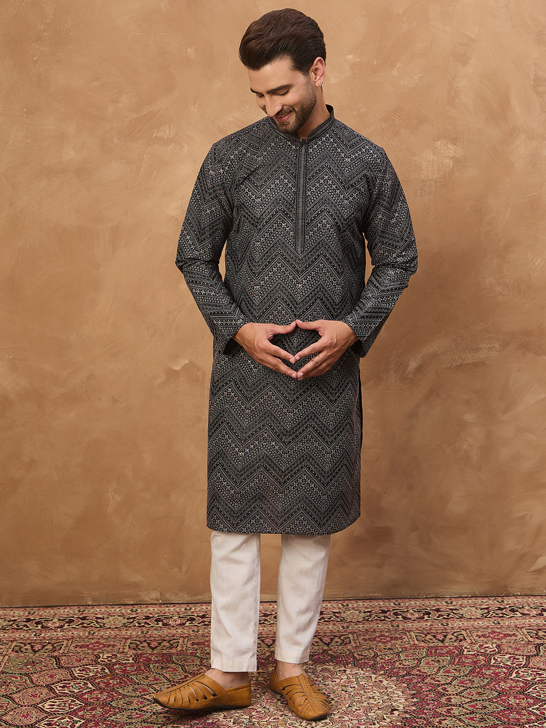 Ethnic Bay Men Black Silk Blend Geometric Printed Straight Kurta-MKU1520