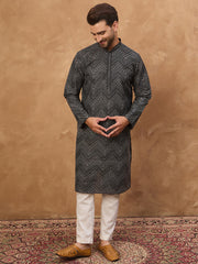 Ethnic Bay Men Black Silk Blend Geometric Printed Straight Kurta-MKU1520