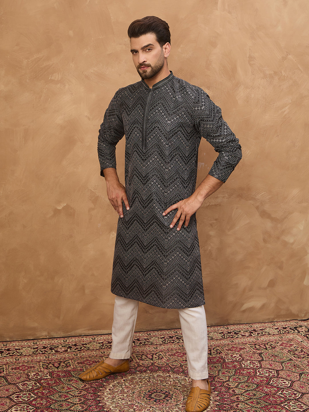 Ethnic Bay Men Black Silk Blend Geometric Printed Straight Kurta-MKU1520