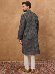 Ethnic Bay Men Black Silk Blend Geometric Printed Straight Kurta-MKU1520