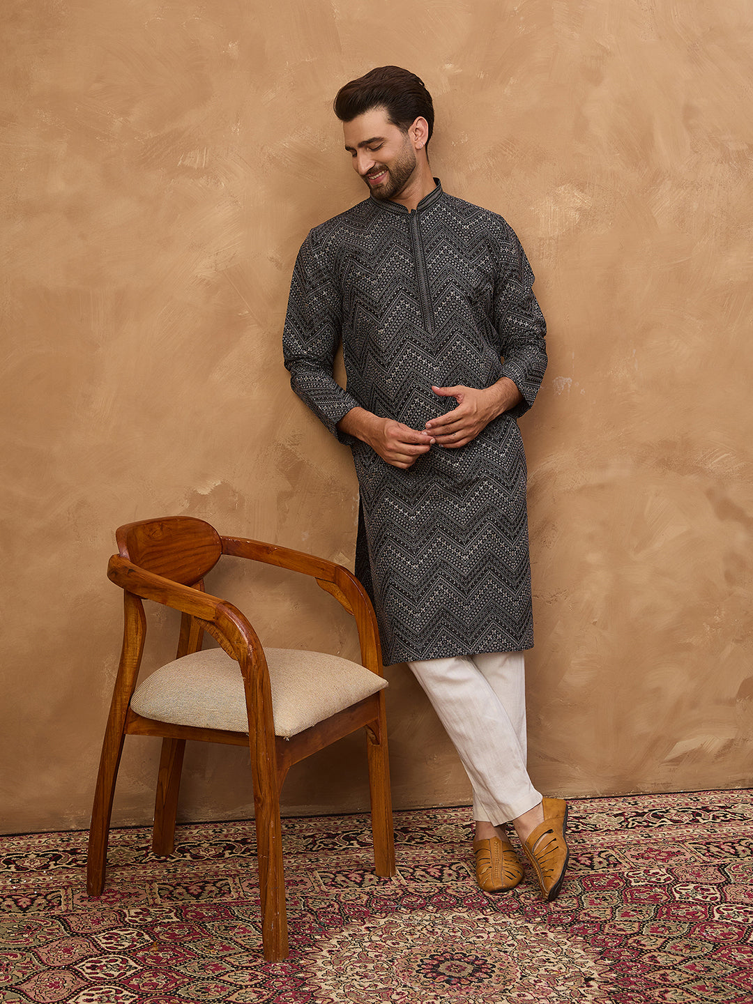 Ethnic Bay Men Black Silk Blend Geometric Printed Straight Kurta-MKU1520