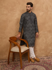 Ethnic Bay Men Black Silk Blend Geometric Printed Straight Kurta-MKU1520
