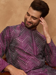 Ethnic Bay Men Purple Silk Blend Geometric Printed Straight Kurta-MKU1521
