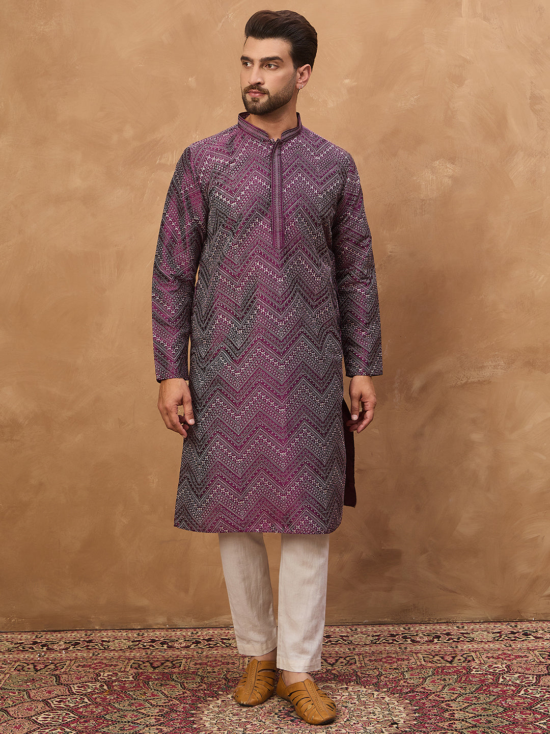Ethnic Bay Men Purple Silk Blend Geometric Printed Straight Kurta-MKU1521