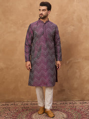Ethnic Bay Men Purple Silk Blend Geometric Printed Straight Kurta-MKU1521
